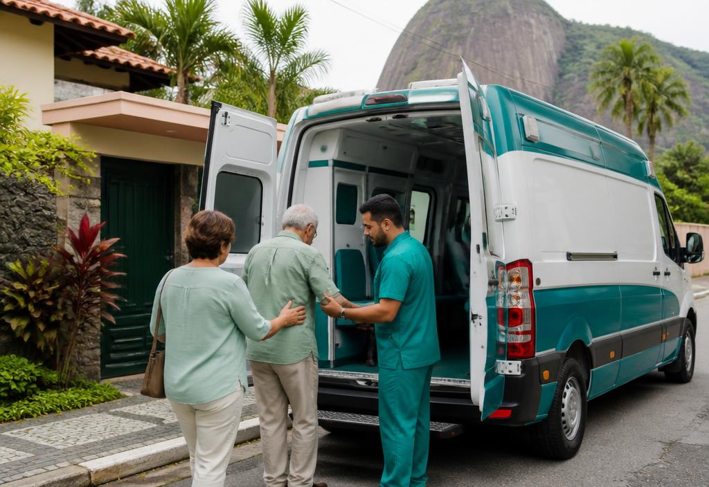 Profissional de saúde auxiliando idoso a embarcar em ambulância particular com segurança
